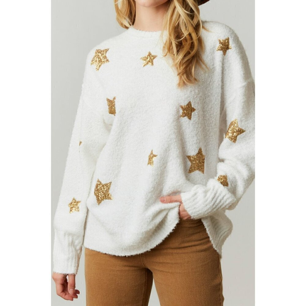 Kimber Sequin Starry Sweater in White - Picture 3 of 6